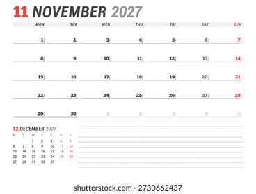 November 2027 calendar planner template. Week starts on Monday. Modern and clean design for business planning and organization. Vector illustration for a printable schedule layout