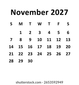 novembro de 2027. design de calendário mensal. semana começa no domingo. design de vetor imprimível, editável, simples e limpo isolado no fundo branco.