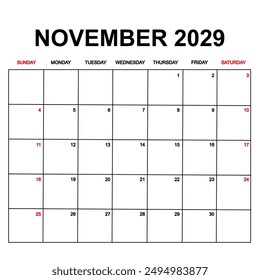 november 2029. Calendar with holydays or red dates. monthly calendar design with week starts on sunday. printable, simple, and clean vector design isolated on white background.