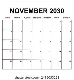 november 2030. Calendar with holydays or red dates. monthly calendar design with week starts on sunday. printable, simple, and clean vector design isolated on white background.