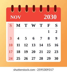 November 2030 calendar. Ideal for Thanksgiving preparations, organizing meetings, and tracking personal goals