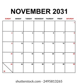 november 2031. Calendar with holydays or red dates. monthly calendar design with week starts on sunday. printable, simple, and clean vector design isolated on white background.