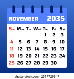 November 2035 Calendar Layout. Vector Illustration of a Cozy Autumn Planner. 