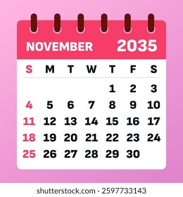 November 2035 Calendar Layout. Vector Illustration. Warm and peaceful color palette