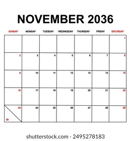 november 2036. Calendar with holydays or red dates. monthly calendar design with week starts on sunday. printable, simple, and clean vector design isolated on white background.