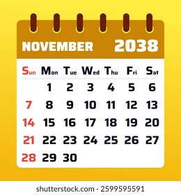 November 2038 Calendar Design. Monthly planner for seasonal organization. November 2038 template. Flat vector graphic