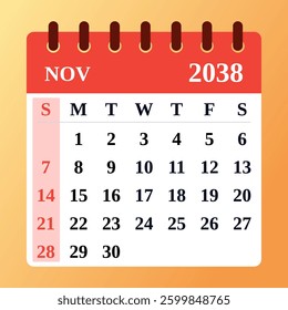 November 2038 Calendar Design. Monthly planner for scheduling events. Elegant vector layout