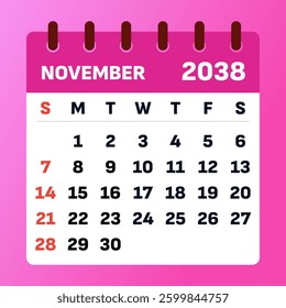 November 2038 Calendar Template. Monthly scheduling. Elegant and clean design. Vector illustration