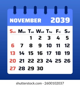 November 2039 Calendar Design. Monthly planner for scheduling. Elegant vector layout
