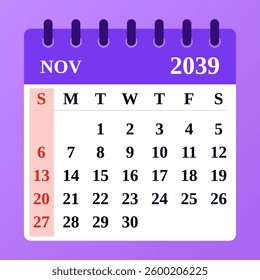 November 2039 Calendar Design. Perfect for seasonal scheduling. Simple and elegant monthly planner. Vector format