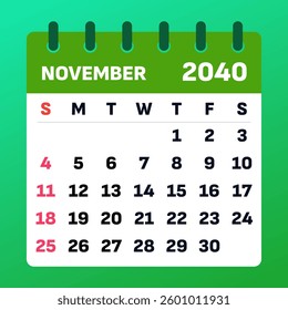 November 2040 Calendar Layout. Vector template of a November planner. November 2040 Monthly Calendar. Minimalist flat design for print use