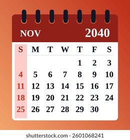 November 2040 Calendar Template. Vector planner. November 2040 Monthly Calendar. Simple and elegant flat design for digital and print