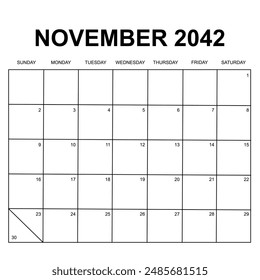 november 2042. monthly calendar design. week starts on sunday. printable, simple, and clear vector design isolated on white background.