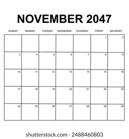 november 2047. monthly calendar design. week starts on sunday. printable, simple, and clean vector design isolated on white background.