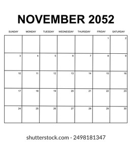 november 2052. monthly calendar design. week starts on sunday. printable, simple, and clean vector design isolated on white background.