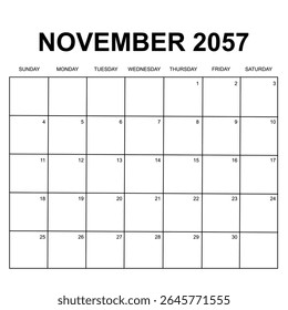 novembro 2057. design de calendário mensal. semana começa no domingo. impresso, editável, simples e design de vetor limpo isolado no fundo branco.