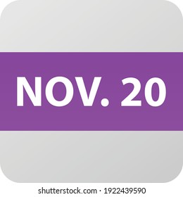 Icono de fecha 20 de noviembre, ilustración vectorial de un solo día estilo plano moderno. Elemento Calendar para diseño web, planificación, organizador. 
