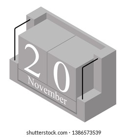 November 20th date on a single day calendar. Gray wood block calendar present date 20 and month November isolated on white background. Holiday. Season. Vector isometric illustration