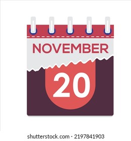 20 de noviembre. Icono de calendario diario plano vectorial. Fecha y hora, día, mes. Vacaciones. Temporada. Fondo blanco
