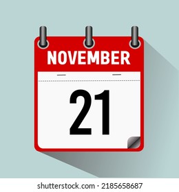 21 de noviembre, ilustración vectorial de icono de calendario, aislada en fondo azul claro.