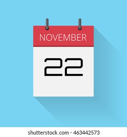 November 22, Daily calendar icon, Date and time, day, month, Holiday, Flat designed Vector Illustration