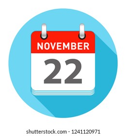 November 22 Date on a Single Day Calendar in Flat Style with long flat shadow on a blue background