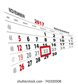 November 22, highlighted on 2017 calendar. Week starts from Sunday. Vector Illustration.