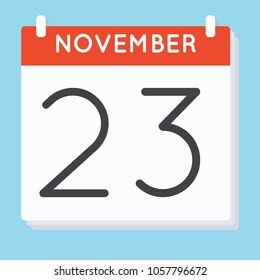 November 23. Calendar icon. Vector illustration in flat design isolated in blue background. Date and time, day, month.
