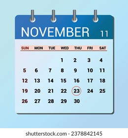 November 23. Flat icon calendar isolated on blue background. Date and month vector illustration