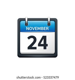 November 24. Calendar icon.Vector illustration,flat style.Month and date.Sunday,Monday,Tuesday,Wednesday,Thursday,Friday,Saturday.Week,weekend,red letter day. 2017,2018 year.Holidays.