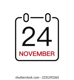 November 24 date on the calendar, vector line stroke icon for user interface. Calendar with date, vector illustration.