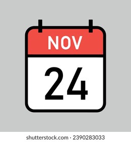 november 24, red and white color calendar page with black outline, calendar date vector illustration