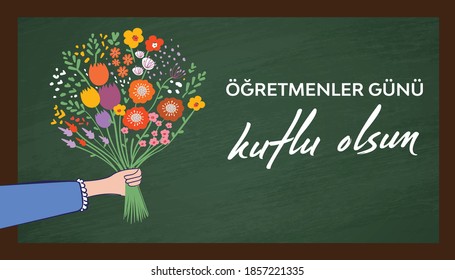 November 24th Turkish Teachers Day. Turkish: November 24, Happy Teachers' Day. (TR: 24 Kasim Ogretmenler Gununuz Kutlu Olsun). Student holding colorful flowers bouquet vector illustration.