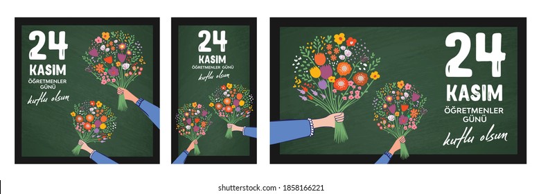 November 24th Turkish Teachers Day. Turkish: November 24, Happy Teachers' Day. (TR: 24 Kasim Ogretmenler Gununuz Kutlu Olsun). Student holding colorful flowers bouquet vector illustration.