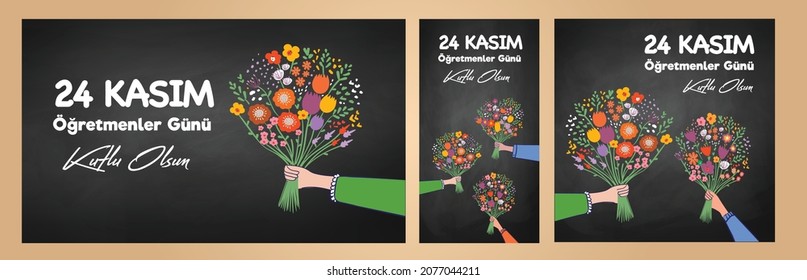 November 24th Turkish Teachers Day. Turkish: November 24, Happy Teachers' Day. (TR: 24 Kasim Ogretmenler Gununuz Kutlu Olsun). Student holding colorful flowers bouquet vector illustration.