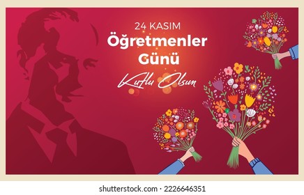 November 24th Turkish Teachers Day. Turkish: November 24, Happy Teachers' Day. (TR: 24 Kasim Ogretmenler Gununuz Kutlu Olsun). Student holding colorful flowers bouquet vector illustration.