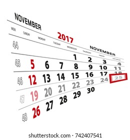 November 25, highlighted on 2017 calendar. Week starts from Sunday. Vector Illustration.