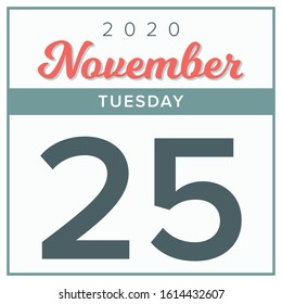 November 25th, 2020. Calendar day icon. Red and grey color.