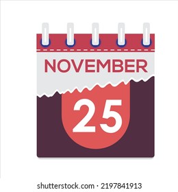 November 25th. Vector flat daily calendar icon. Date and time, day, month. Holiday. Season. White Background
