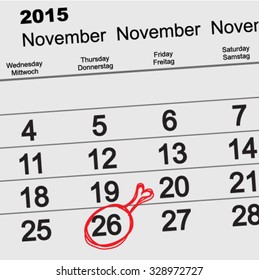 November 26, 2015 Thanksgiving Day. Turkey leg symbol on calendar. Illustration in vector format