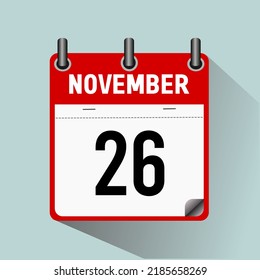 November 26, calendar icon vector illustration, isoleted on light blue background.