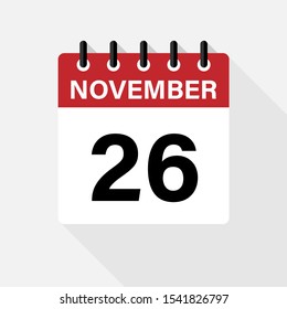 November 26 calendar vector icon