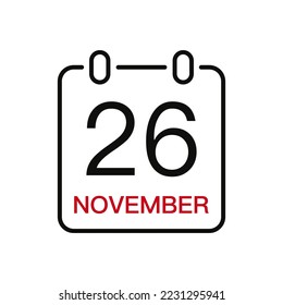 November 26 date on the calendar, vector line stroke icon for user interface. Calendar with date, vector illustration.