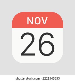November 26 icon isolated on background. Calendar symbol modern, simple, vector, icon for website design, mobile app, ui. Vector Illustration