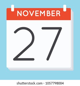 November 27. Calendar icon. Vector illustration in flat design isolated in blue background. Date and time, day, month.
