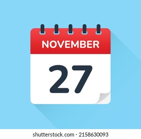 November 27, daily calendar icon template vector isolated on blue background. Day, time, month and holiday concept.