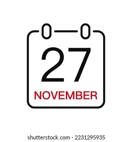 November 27 date on the calendar, vector line stroke icon for user interface. Calendar with date, vector illustration.
