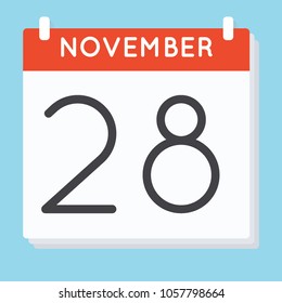 November 28. Calendar icon. Vector illustration in flat design isolated in blue background. Date and time, day, month.