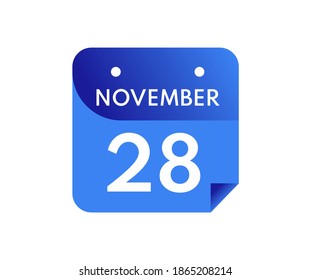 November 28 Date on a Single Day Calendar in Flat Style, 28 November calendar icon