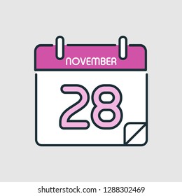 November 28.  Flat icon calendar isolated on gray background. Vector illustration.
